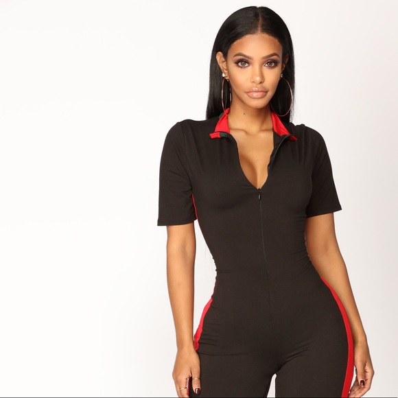 fashion nova red and black jumpsuit